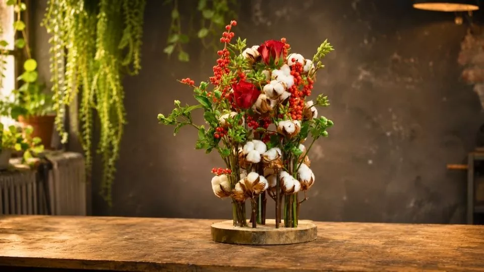 Afbeelding Dennis’ kerststuk op een houten schijf: met katoen, rozen en bessen