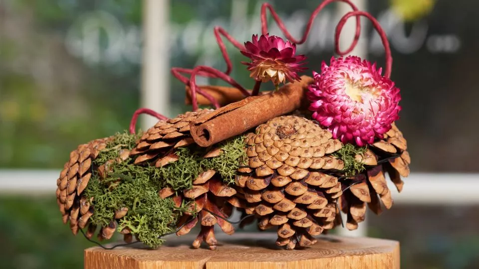 Afbeelding Herfstcreatie met dennenappels en strobloemen