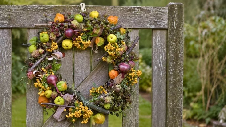 Afbeelding Appeltjes, lampionplant en hop: een nazomerkrans uit eigen tuin