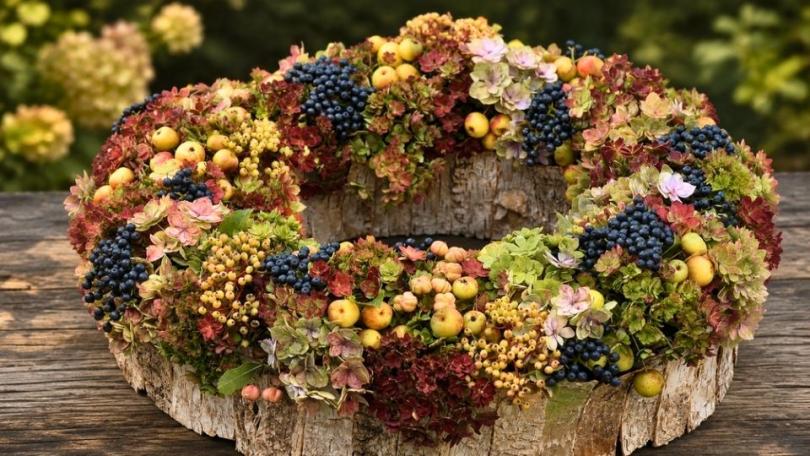 Herfstkrans met hortensia, sierappels en donkere bessen