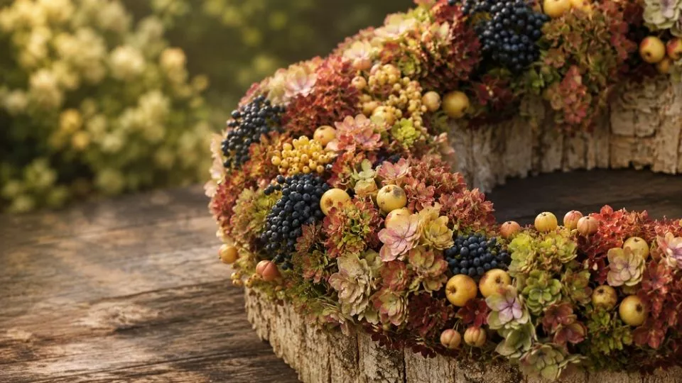 Afbeelding Herfstkrans met hortensia, sierappels en donkere bessen