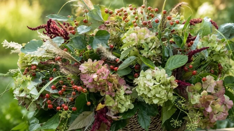 Afbeelding Herfst uit eigen tuin: een volle mand met hortensia en rozenbottels
