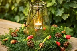 Donkergroen, dennenappels met een rood accent: een kerstkrans